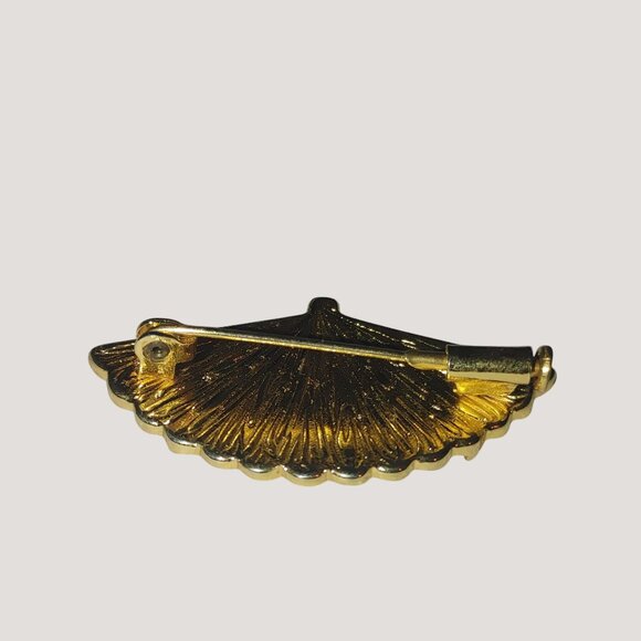 Vintage Damascene Brooch Small Gold Tone Black Enamel Fan Bird Floral Design - Picture 13 of 16